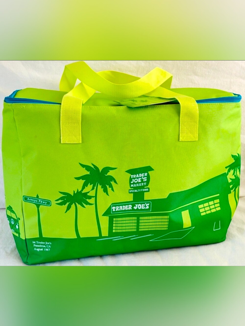 Trader Joe’s Large Reusable Insulated Cooler Tote Bag Green Blue +zip New